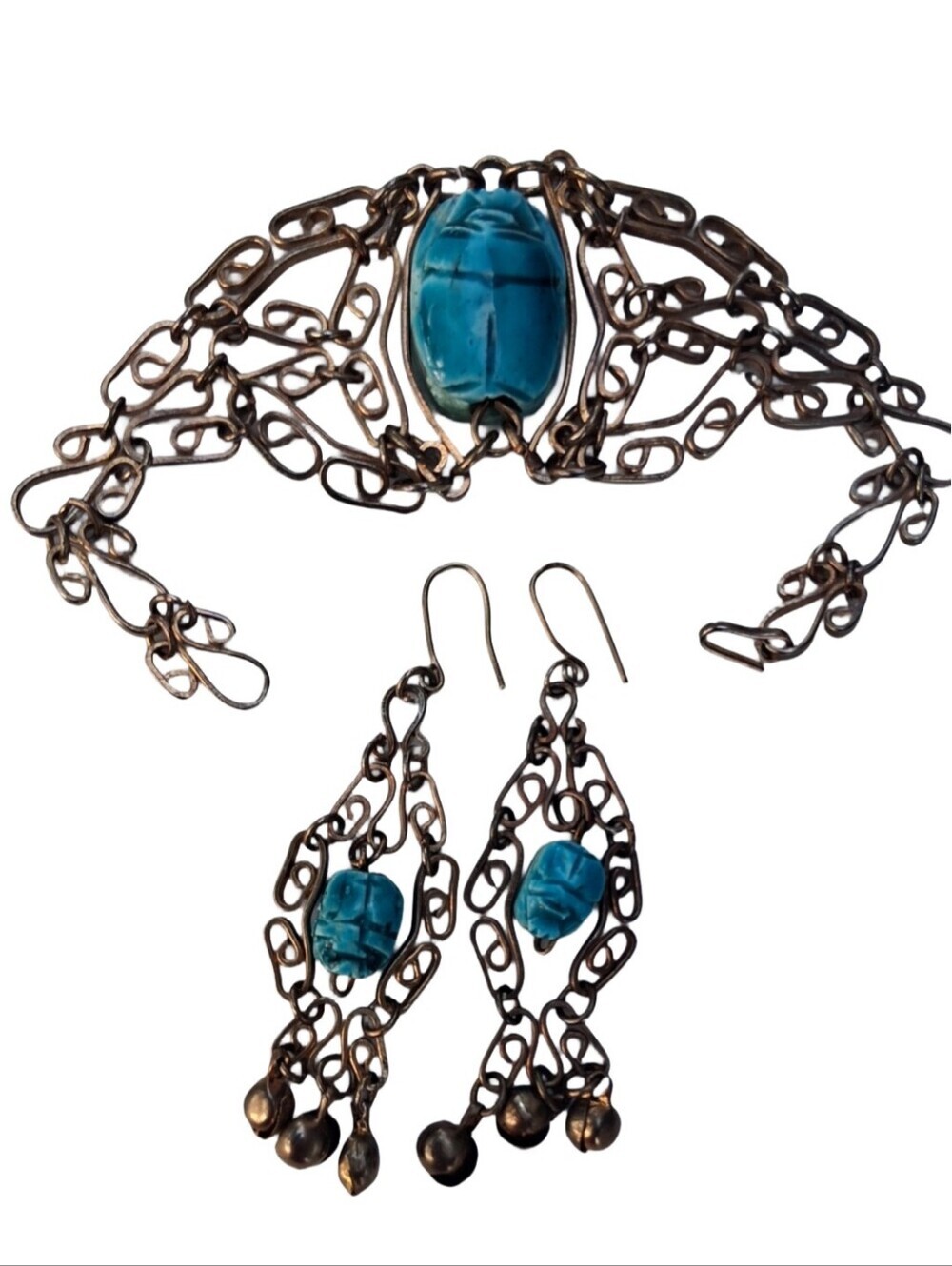 Vintage Egyptian Revival Faux Turquoise Scarab Bracelet & Dangle Earrings Set